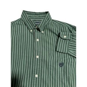 Chaps Mens Green Stripe Button Down Shirt Button Front Long Sleeves Size Large